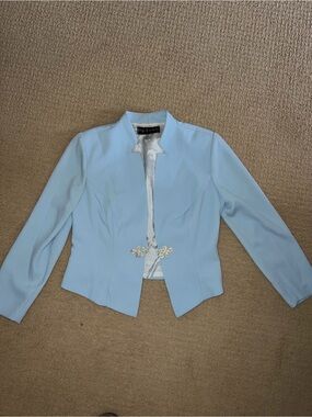 Petite Sophisticate Light Blue Collarless Dress Jacket with Decorative Closure